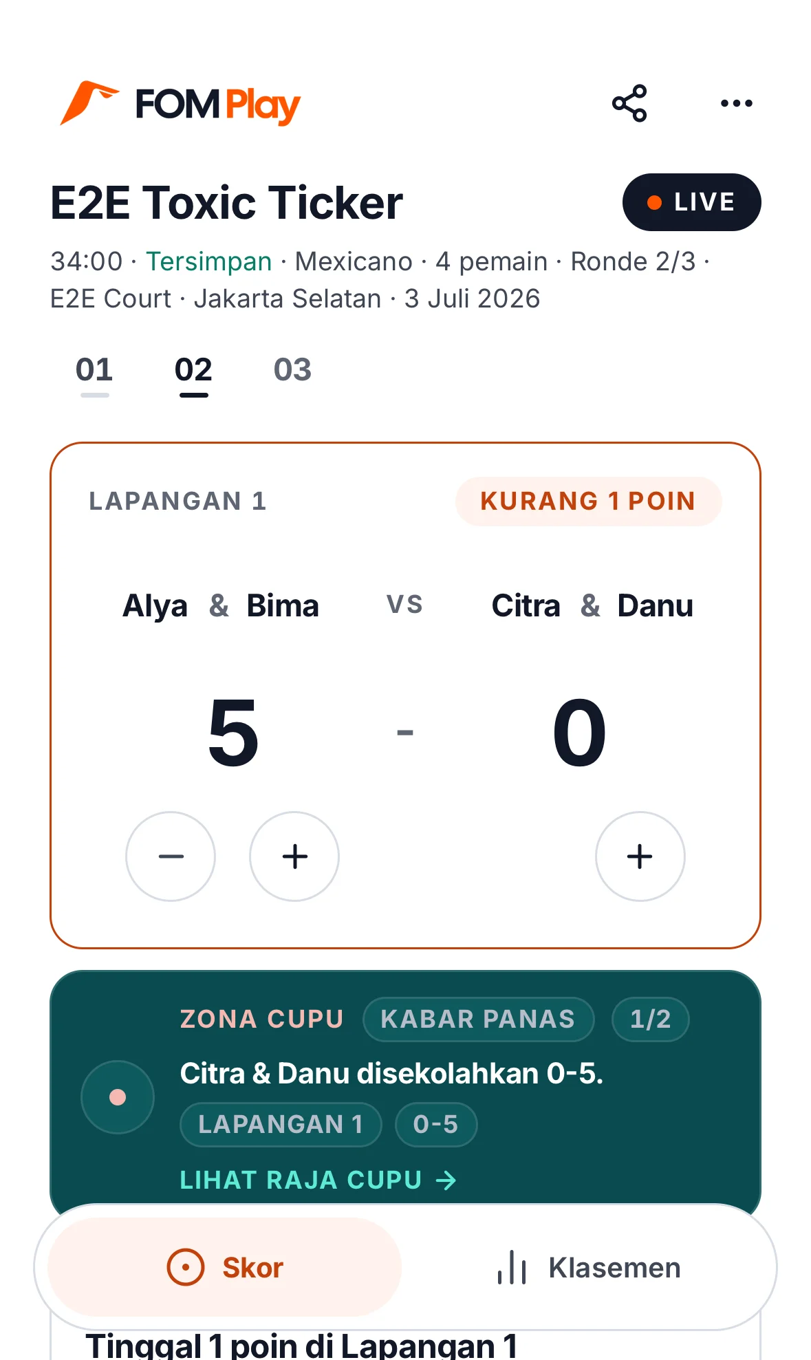 FOM Play live score and standings screen