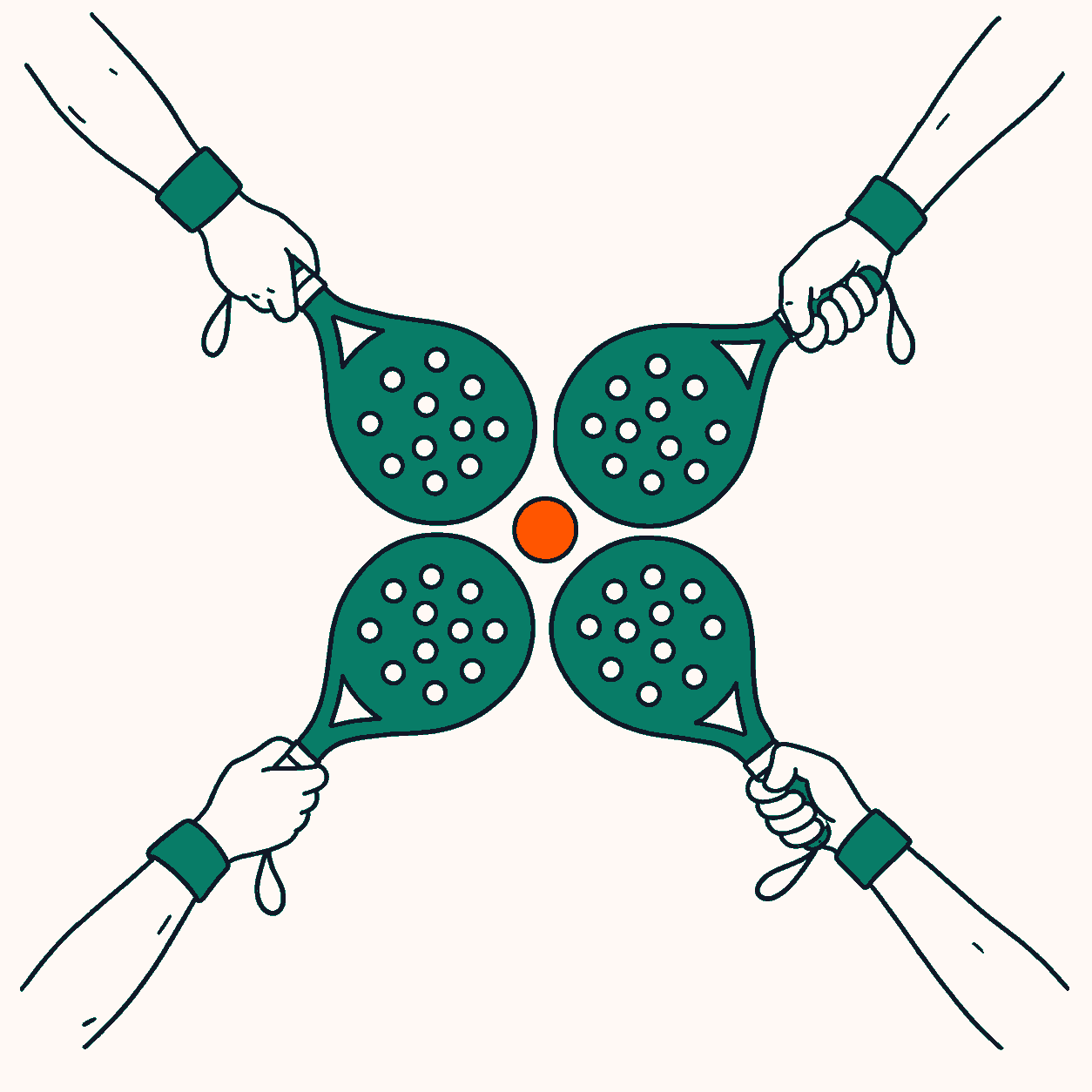 Four padel rackets arranged as a circle of play