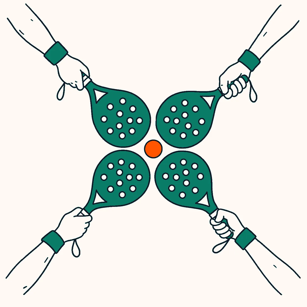 Four padel rackets surrounding a ball