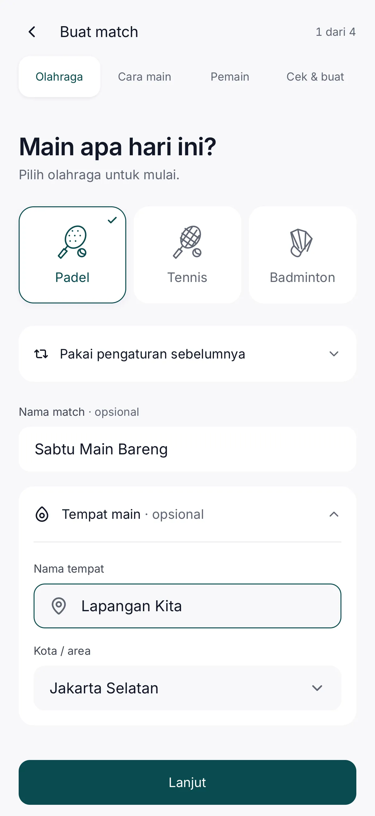 Choose a sport when creating a match