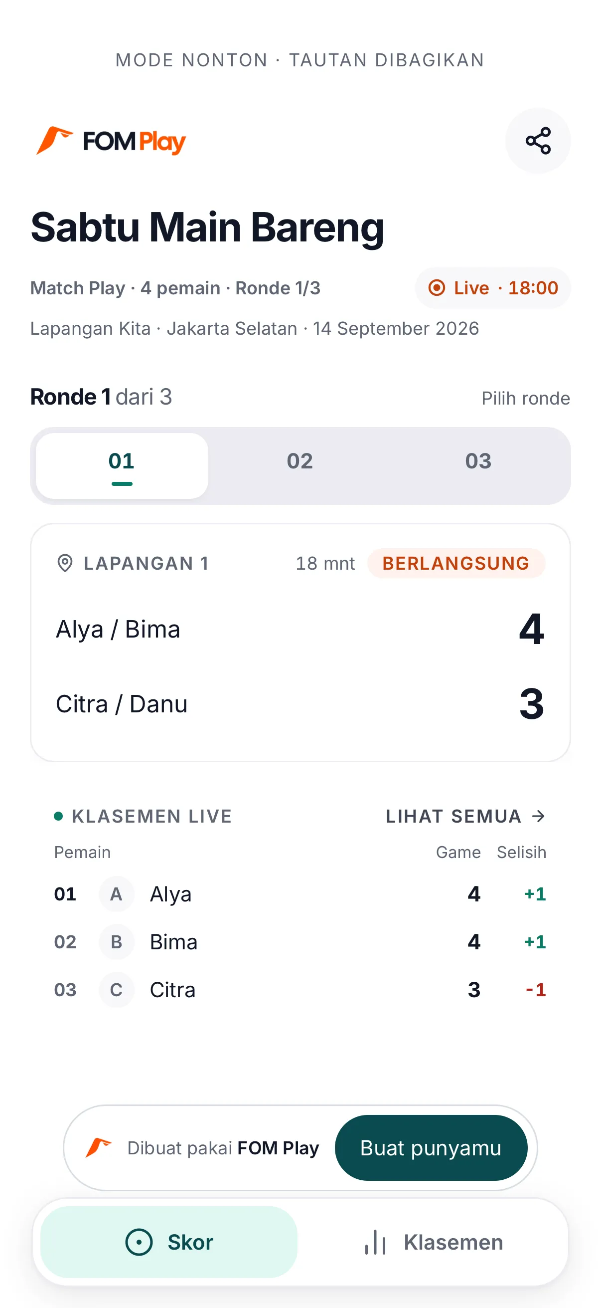 Scores as seen by a friend opening the shared link