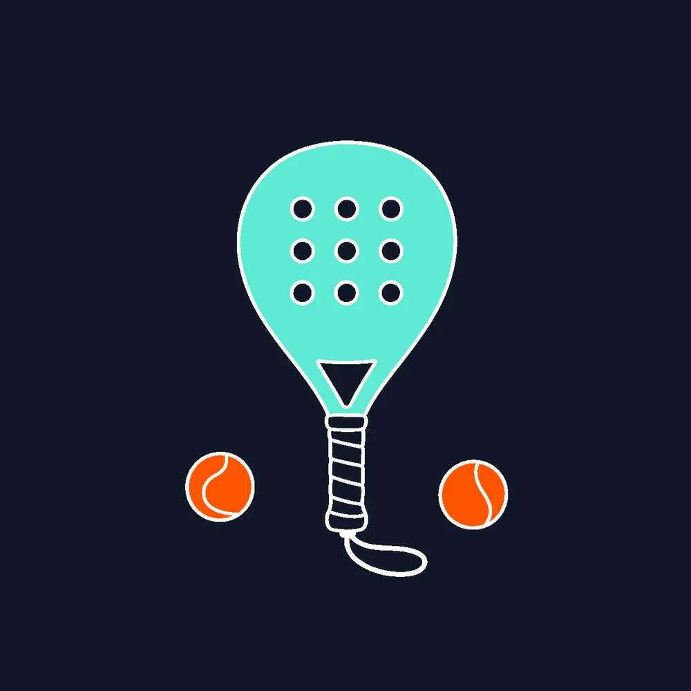 Four padel rackets gathered around a ball