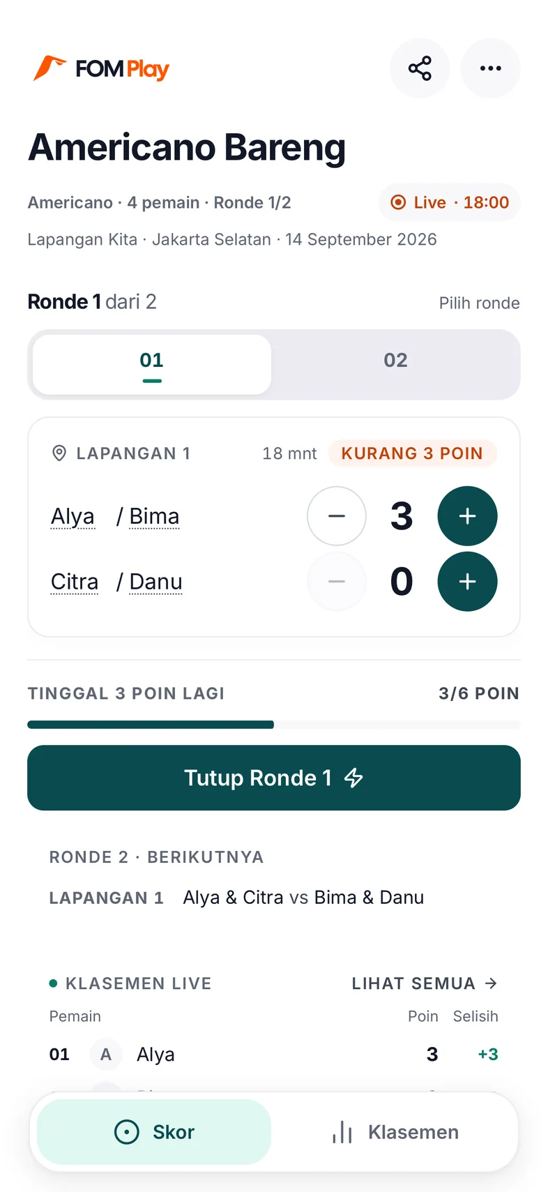 An Americano round: check the scores before moving on. Interface shown in Indonesian.
