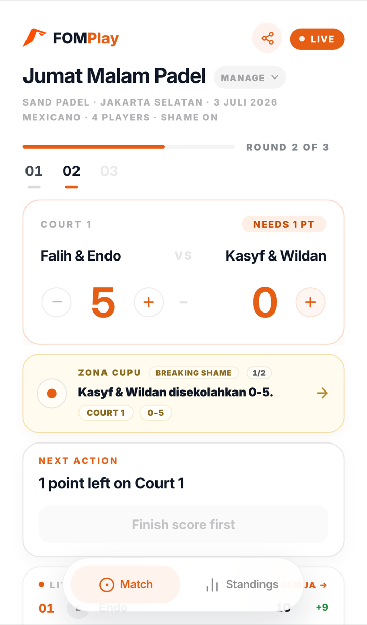 FOM Play live scoring with Zona Cupu ticker
