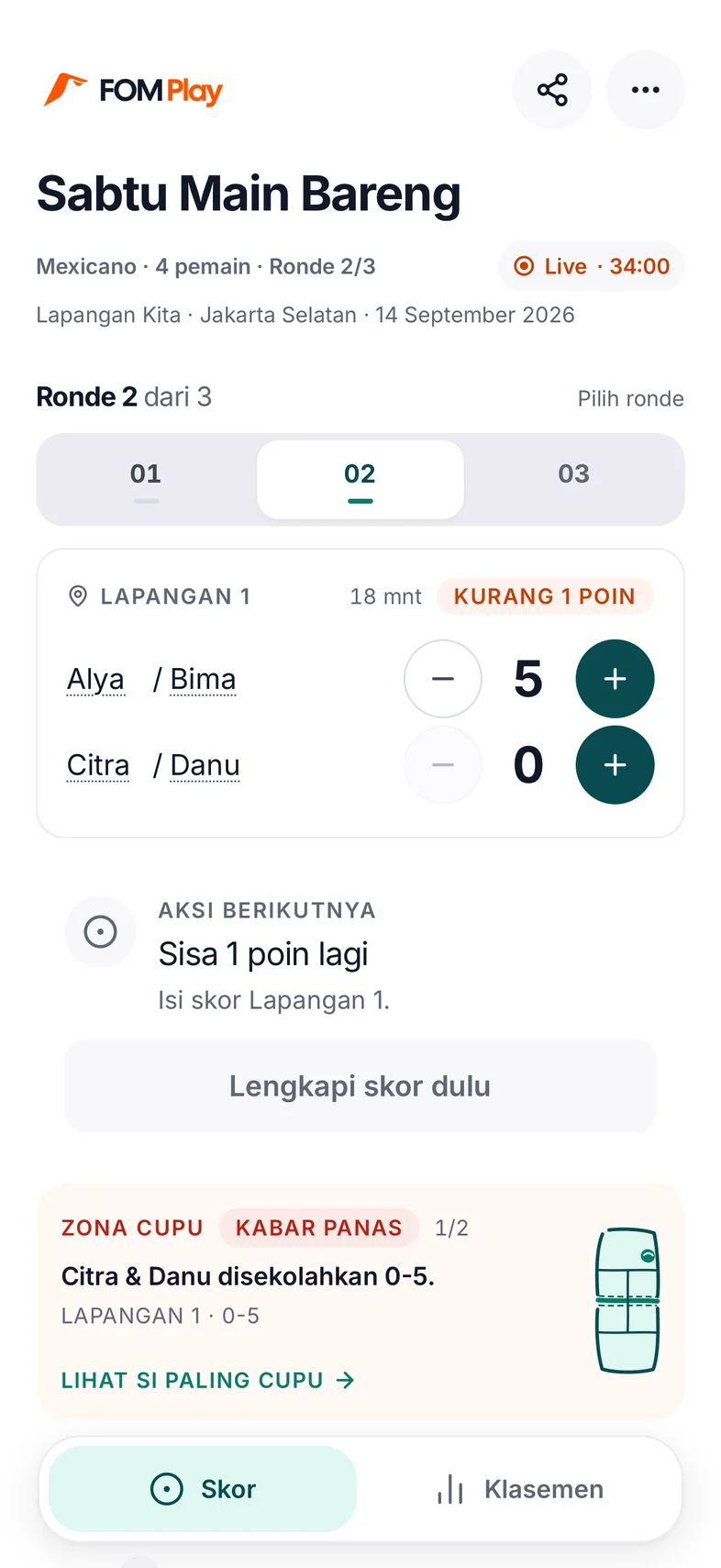 Enter round results before moving to the next round. Interface shown in Indonesian.