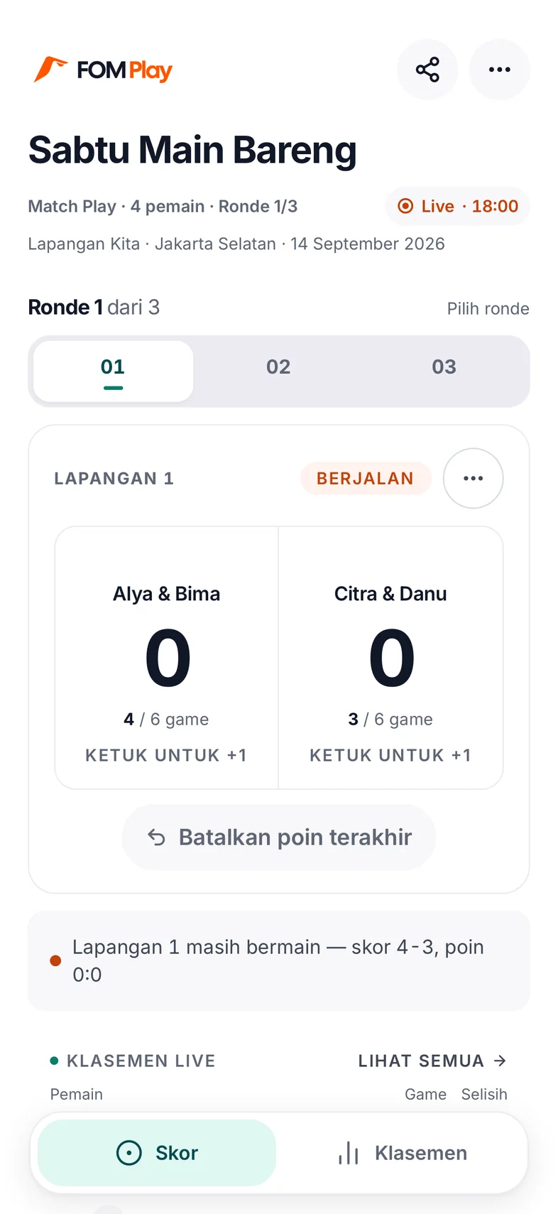 An example of the Padel Match Play scoreboard. Interface shown in Indonesian.