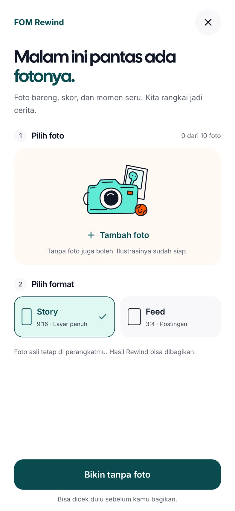 Add photos, then choose Story or Feed. Interface shown in Indonesian.