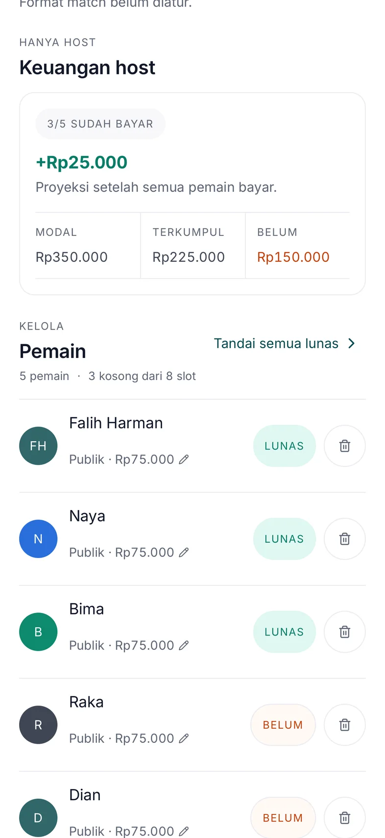 Sample host cost records. Payments happen outside the app. Interface shown in Indonesian.