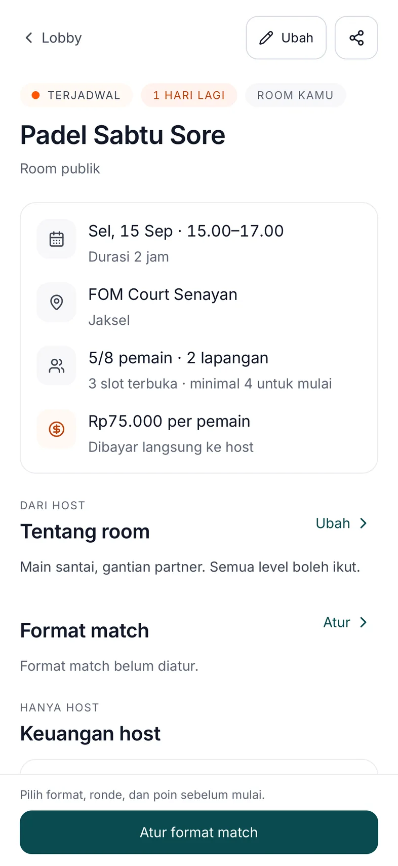 A Room’s schedule, venue, price, and players. Interface shown in Indonesian.