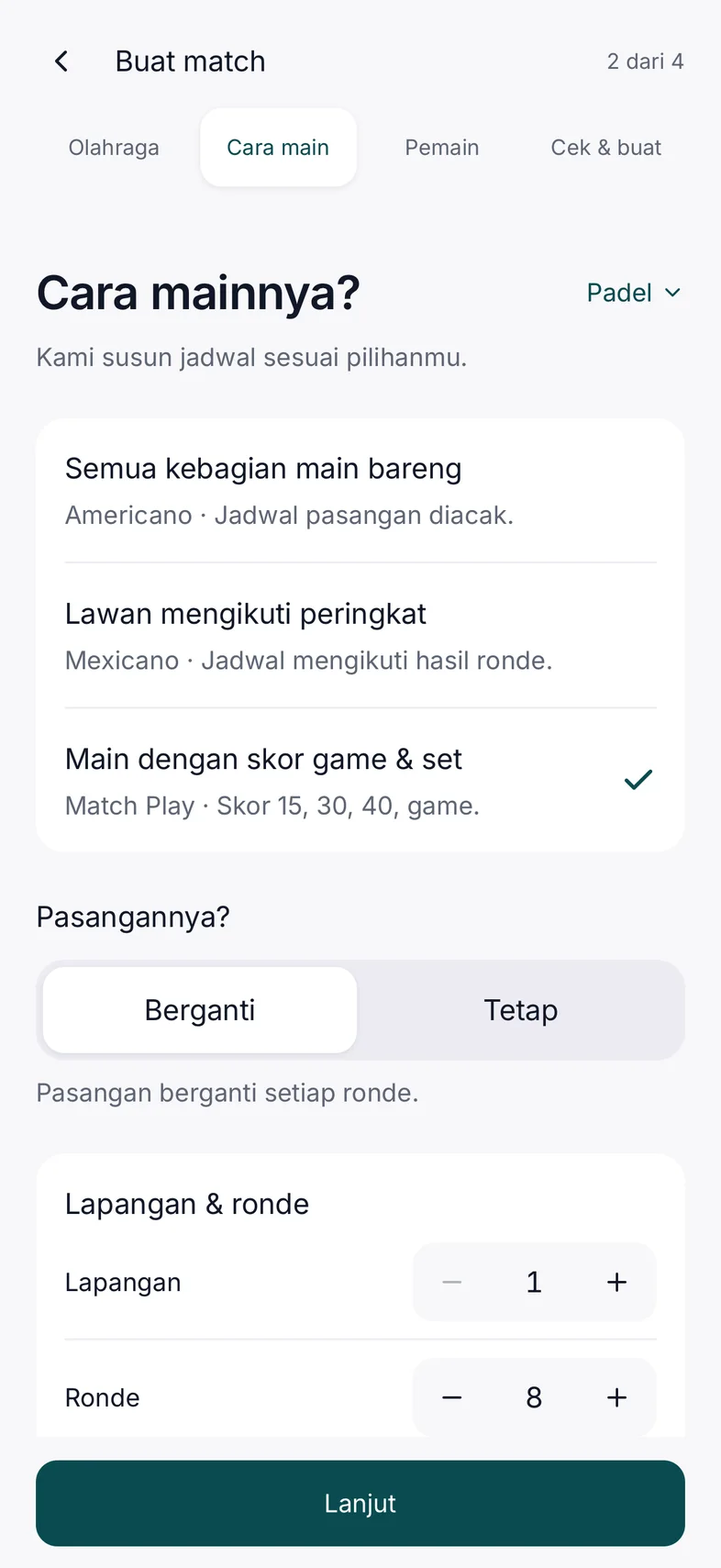 Choose Match Play, then set your partner preference. Interface shown in Indonesian.
