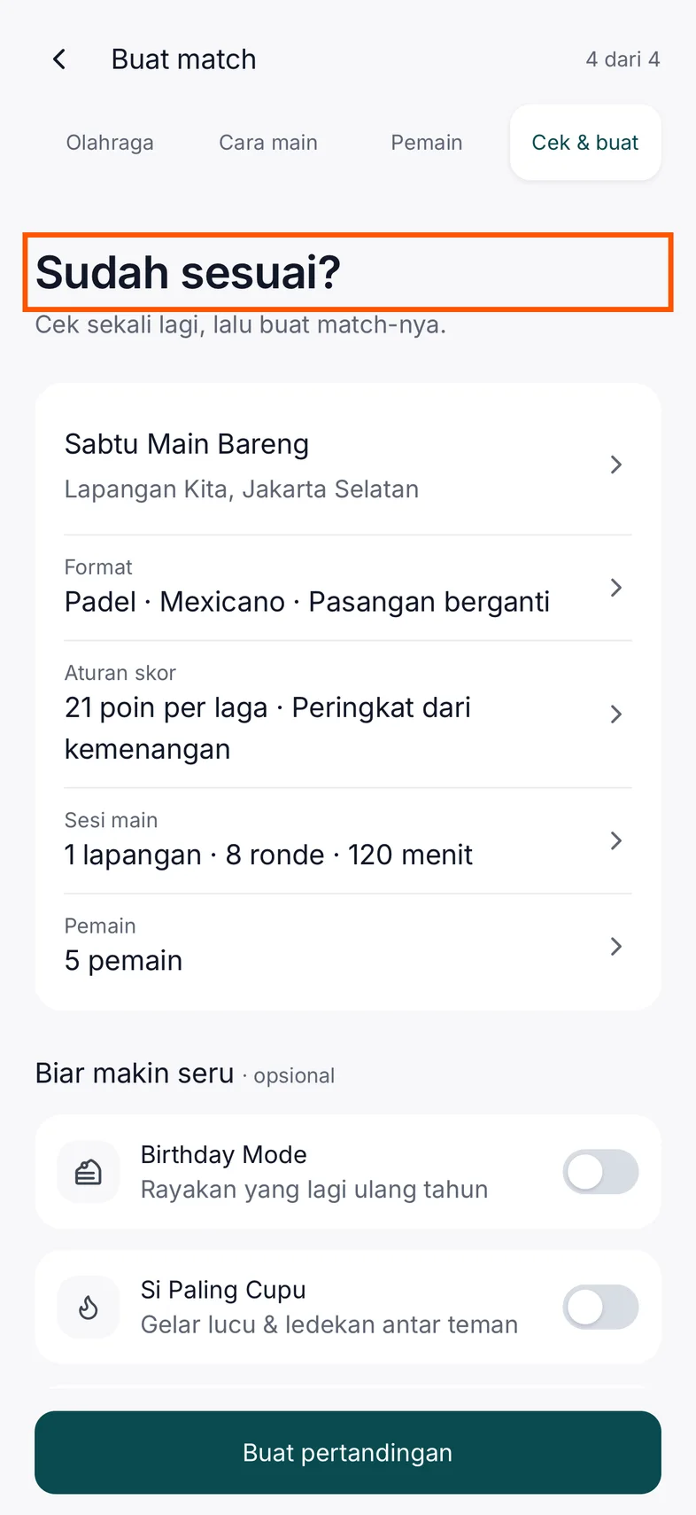 Review the settings before creating your match. Interface shown in Indonesian.